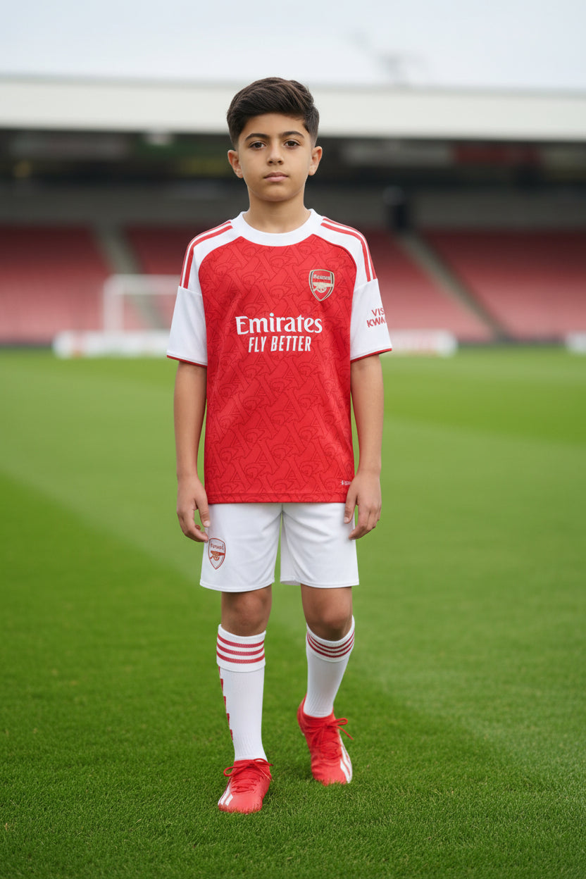 Arsenal Home 2025/26 kids football kit official design