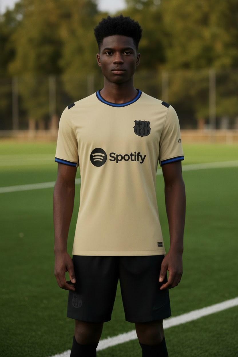 Person wearing a beige sports jersey with a brand logo on a neutral background
