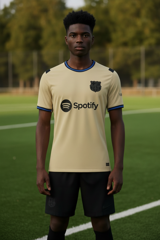 Person wearing a beige sports jersey with a brand logo on a neutral background